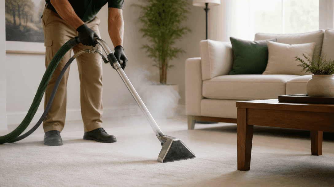 Carpet cleaning technician using professional extraction equipment on a living room carpet