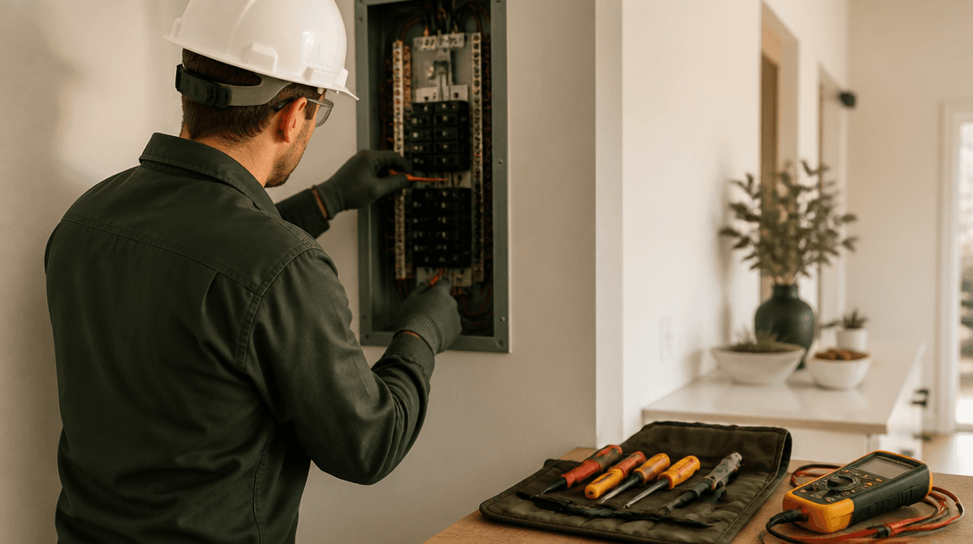 Licensed electrician working on a residential electrical panel