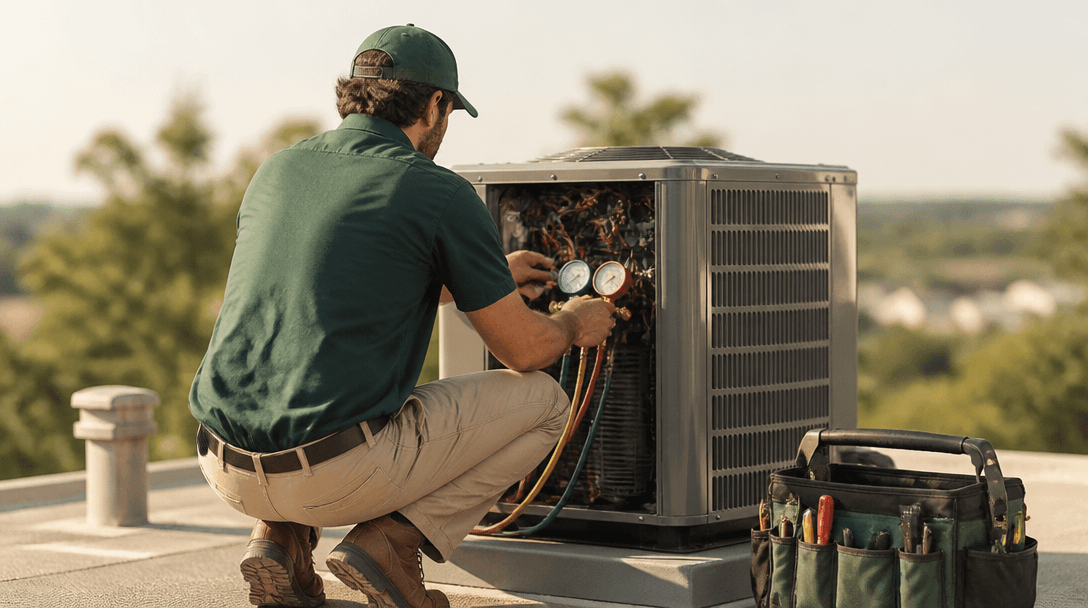 HVAC technician servicing an air conditioning unit on a residential rooftop