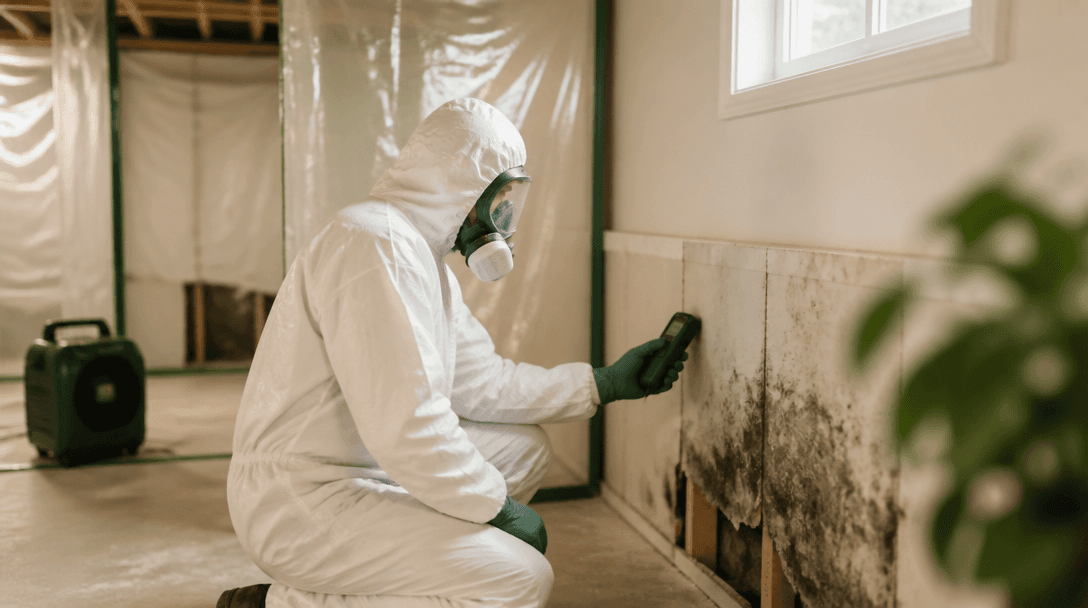 Mold remediation technician in protective gear inspecting a wall