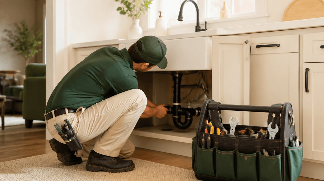 Licensed plumber repairing pipes under a kitchen sink