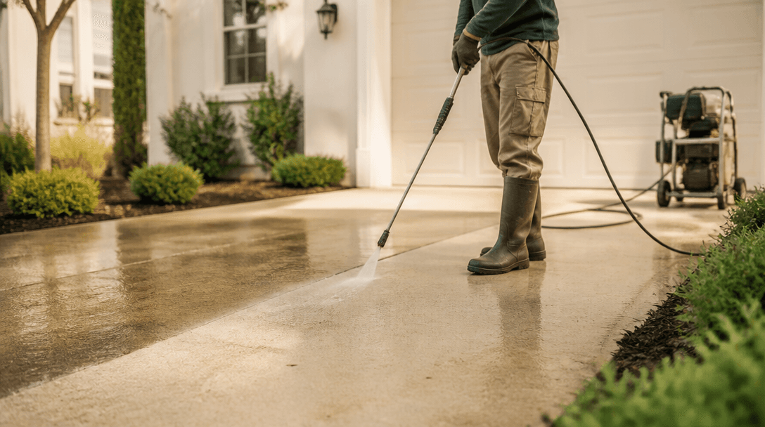 Pressure washing technician cleaning a residential driveway with professional equipment
