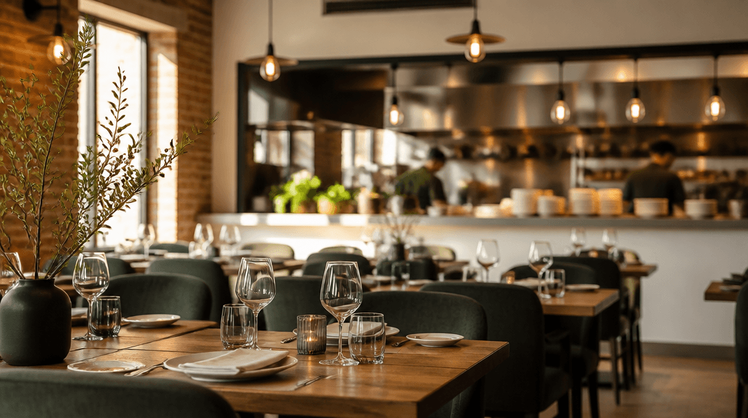 Inviting restaurant interior with warm lighting and set tables