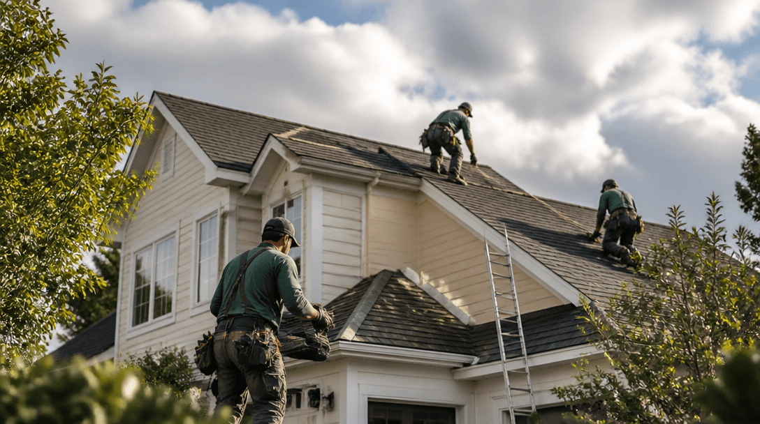 Roofing crew installing shingles on a residential home