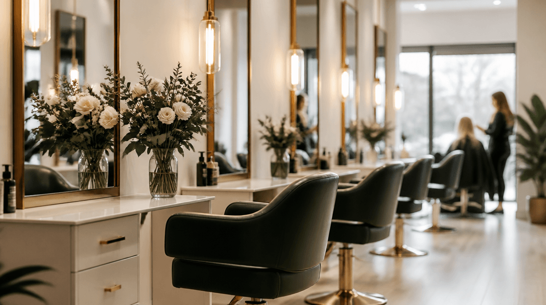 Upscale salon interior with styling stations and warm lighting