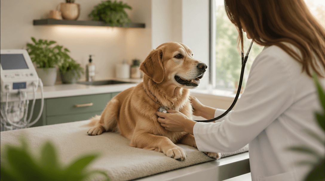 Veterinarian examining a dog in a modern veterinary clinic