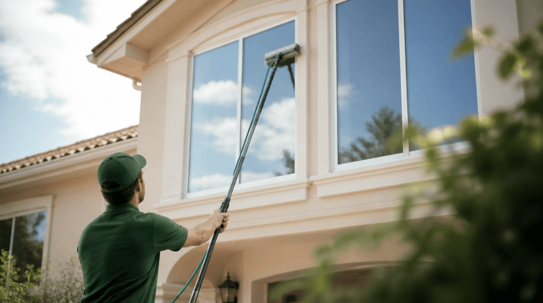 Window cleaning technician on a lift cleaning large commercial building windows